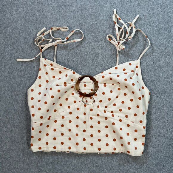 Illa Illa Cropped Top Womens Medium Polka Dot Shoulder Tie Smock Back Sweetheart - Picture 1 of 6